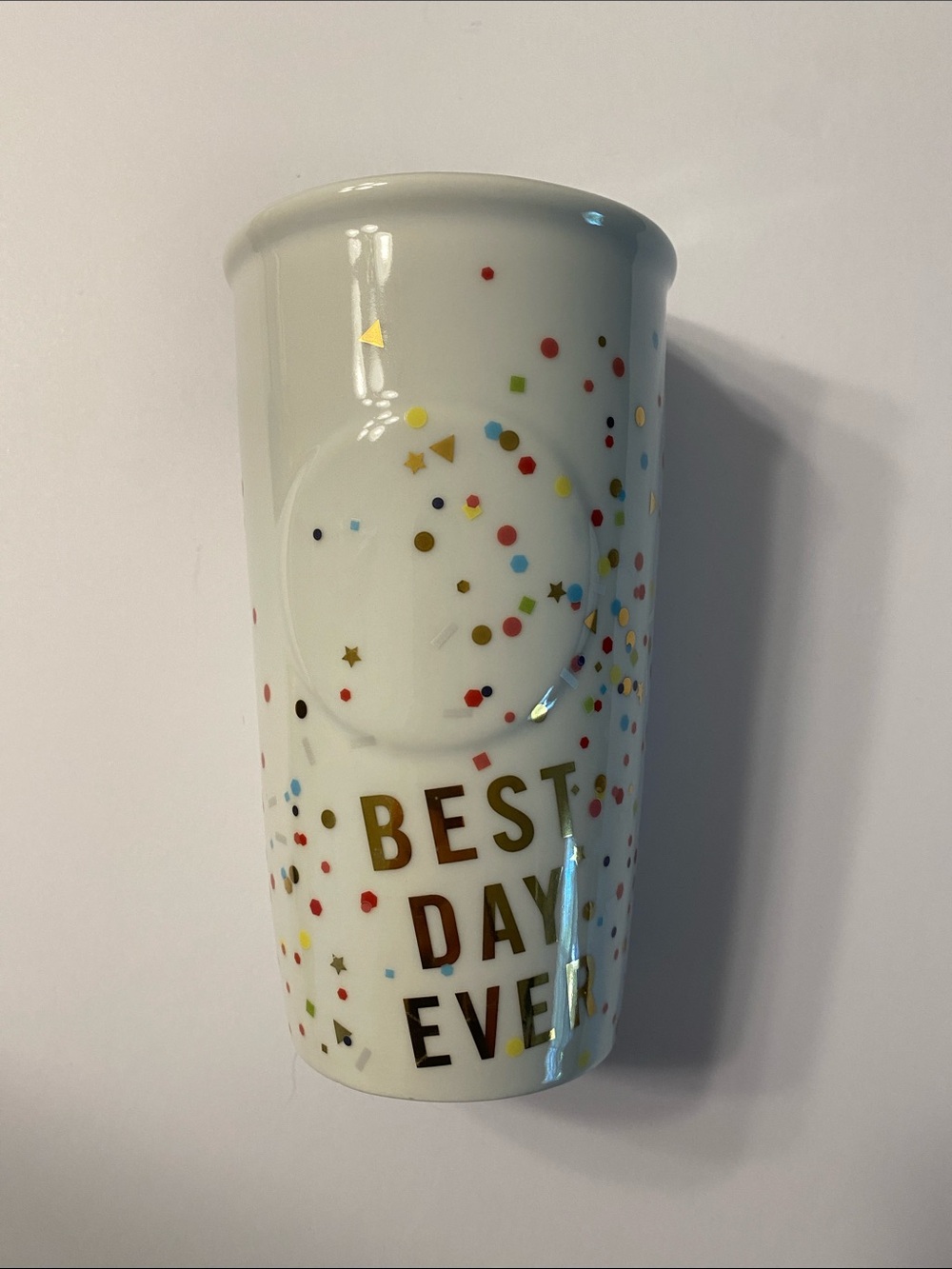 STARBUCKS CERAMIC Mug with Lid BEST DAY EVER Confetti Tumbler Coffee Travel 2015